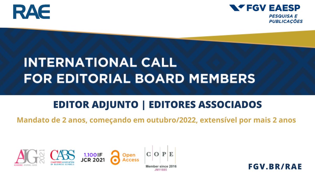 A #RAE busca aumentar a diversidade de seu corpo editorial para atingir seu objetivo estratégico de publicar #pesquisas com impacto acadêmico, gerencial e social. Candidate-se: bit.ly/rae-edit
#conselhoeditorial #editorialboard #callforeditors #management #business