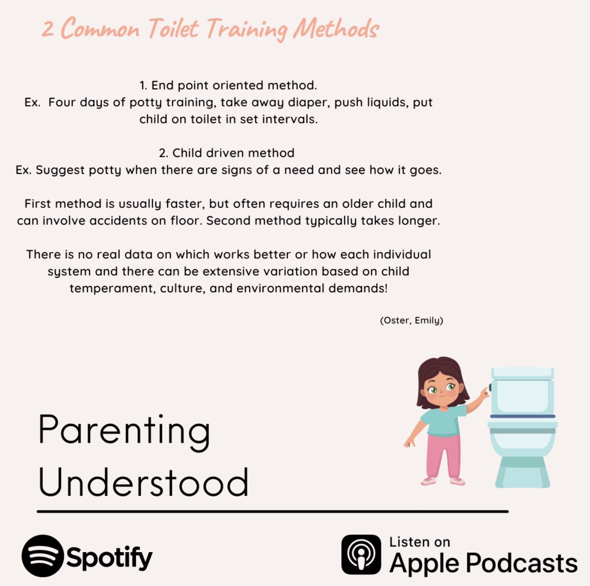 This week’s episode focused on toilet training. We wanted to highlight the two main methods that we reviewed and remind you that there is no “perfect” fit for everyone! Oster, Emily #pottytraining #parenting