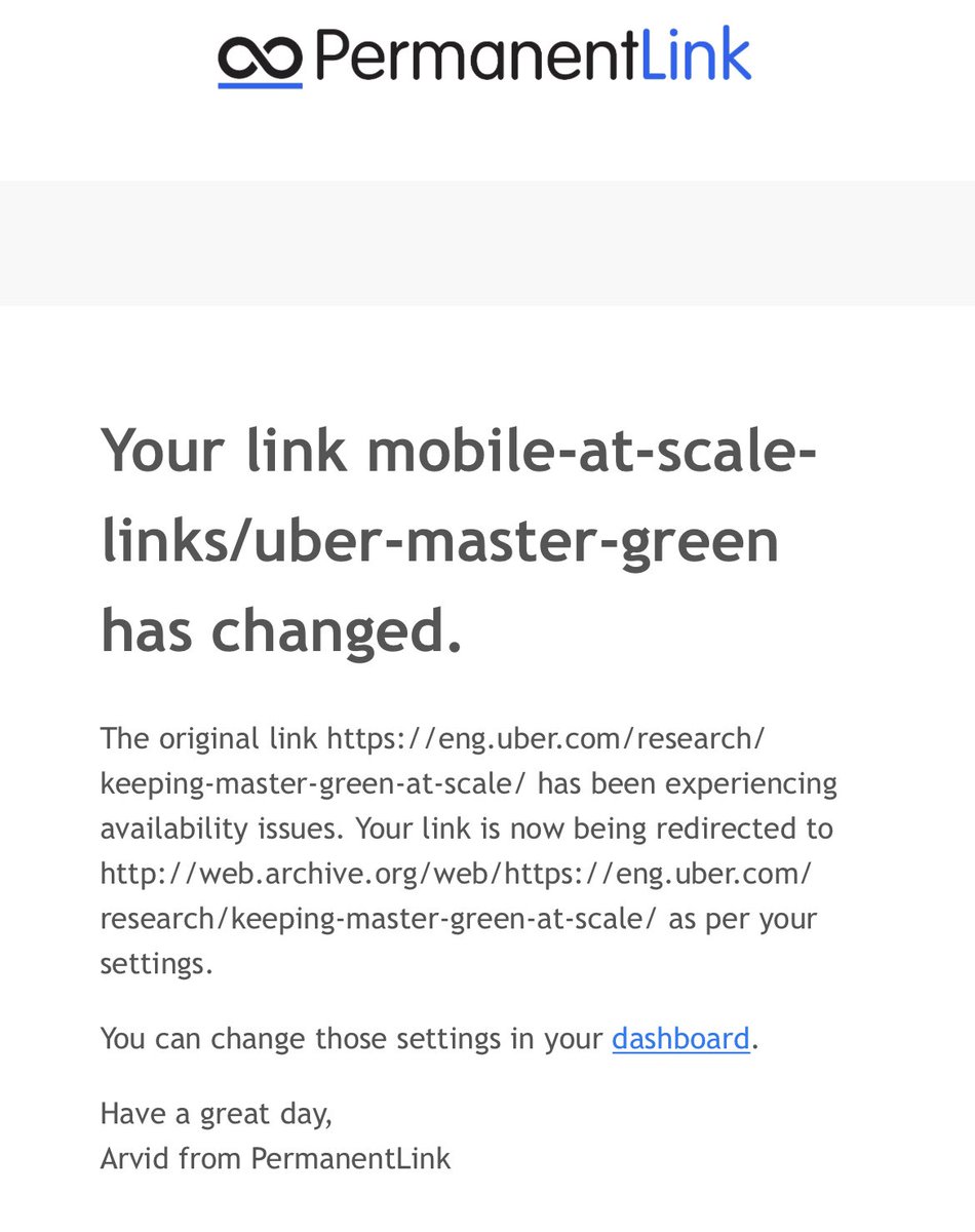GergelyOrosz's tweet photo. Today @UberEng removed a blog post I frequent referred to from their engineering blog: Keeping master green at scale.

How do I know? This post is linked in my book Building Mobile Apps at Scale and @permanentlinkhq noticed me that the link broke.

And, indeed: it’s gone. https://t.co/zlEtrauhep