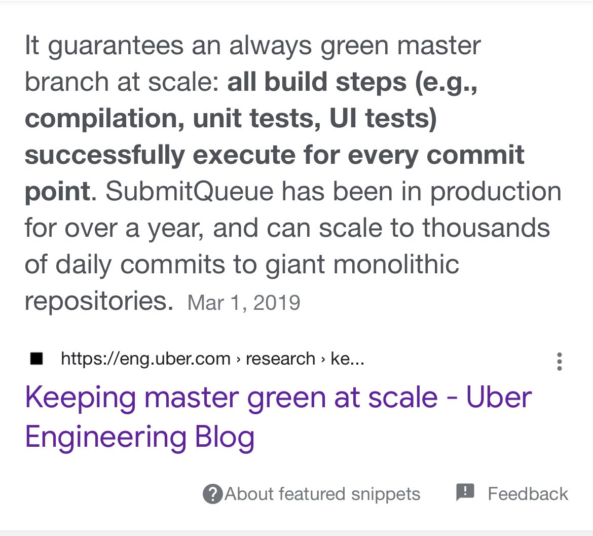 GergelyOrosz's tweet photo. Today @UberEng removed a blog post I frequent referred to from their engineering blog: Keeping master green at scale.

How do I know? This post is linked in my book Building Mobile Apps at Scale and @permanentlinkhq noticed me that the link broke.

And, indeed: it’s gone. https://t.co/zlEtrauhep