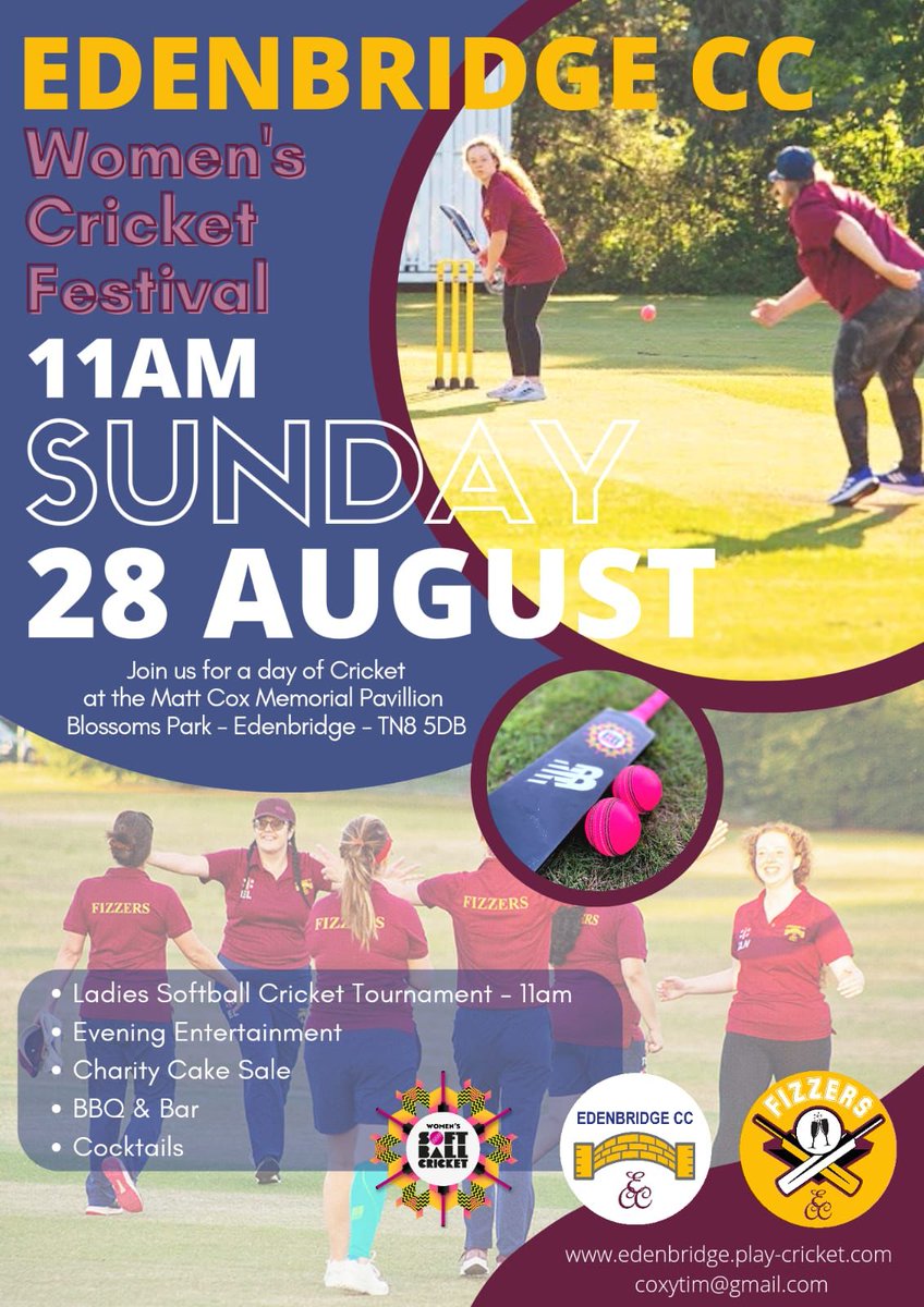 Come and join us at Blossoms Park for our Women's Cricket Festival - bar, BBQ, cocktails, music and our Edenbridge Fizzers Women's cricket team!

Inspired by #Birmingham2022  or #TheHundred ? We’ll be running some coaching for newcomers