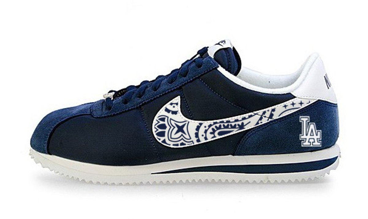 Sleek sellouts! 🤓. Order LA Dodgers Mini Navy Blue Bandana Custom Nike Cortez Shoes NNW Outline at $185.99 from bandanafever.com/product/la-dod… #Dodgers #supremelv