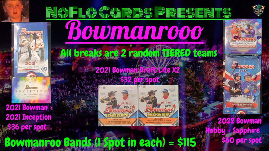 CardsEnzo's tweet photo. 🎉Back this week with Bowmanroo!🎉

Breaking tomorrow night on the @NoFloCards Super Stream (9 est)!

21/Inception - 8 ($36)
21 Draft Lite - 4 ($32)
22 Bowman - 2 ($60)

All breaks are 2 tiered random. $115 for a spot in all!

@Hobby_Connect @sports_sell @MDRANSOM1 https://t.co/eeffRWEMua