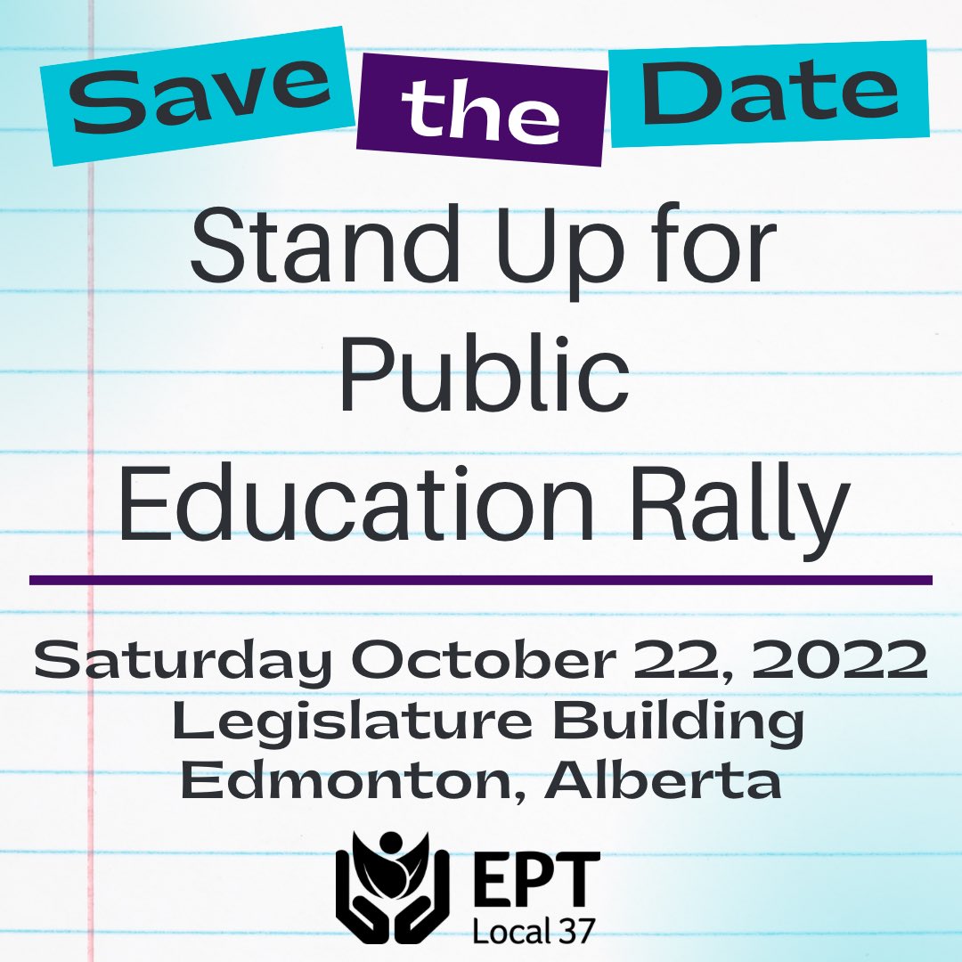 Mark your calendars! 

Saturday, October 22 is a family friendly rally to Stand Up for Public Education. More details to come. 

Share and spread the word. #standupforpubliceducation #publiceducationmatters #WeAreATA #istandwithalbertateachers