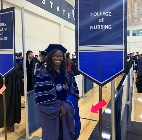 PSUNursing's tweet photo. Congratulations to Michelle Boakye who is graduating with her PhD right now! 👩🏿‍🎓

Dr. Boakye is being hooded by Dr. Sheridan Miyamoto! 🎓

💙 🦁🤍 https://t.co/R6SZwLosFy