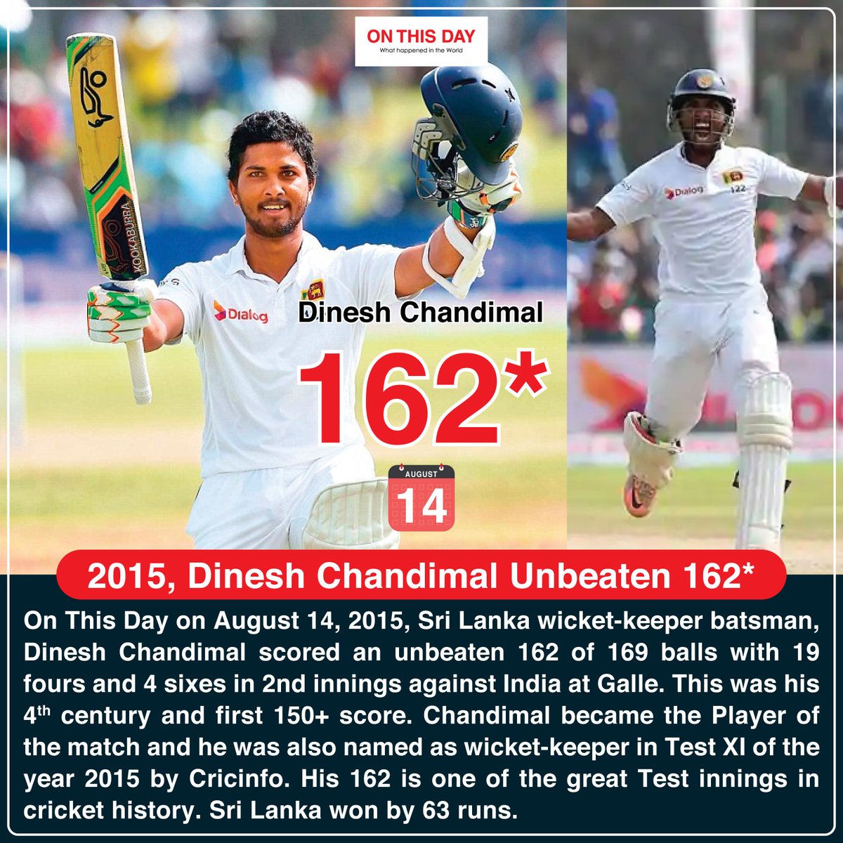 OnThisDayInWor1's tweet photo. #OnThisDay 2015, Dinesh Chandimal Unbeaten 162*

@LDChandimal 

#August #August14 #historytoday #in2015 #7yearsago #onthisdayinhistory #DoYouKnow #DineshChandimal #DineshChandimal162 #DineshChandimalbesttestinnings #testcentury #DineshChandimaltestcentury https://t.co/z9iisJjYxy