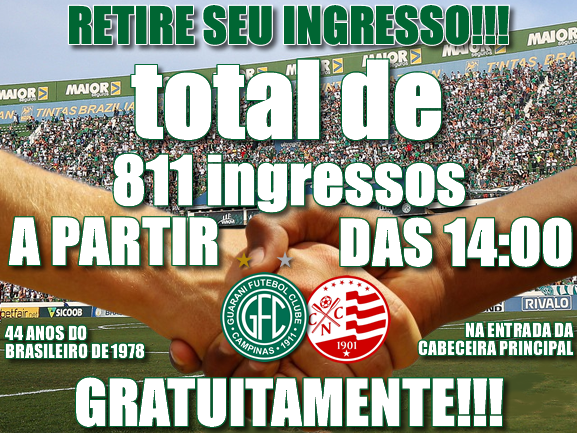 AJUDE ESPALHANDO! ARRECADAMOS 811 INGRESSOS! 
RETIRE GRATUITAMENTE CONOSCO DAS 14:00 ATÉ AS 18:00 NA ENTRADA DA CABECEIRA, PRÓXIMO A LOJA GUARANI STORE!!!
