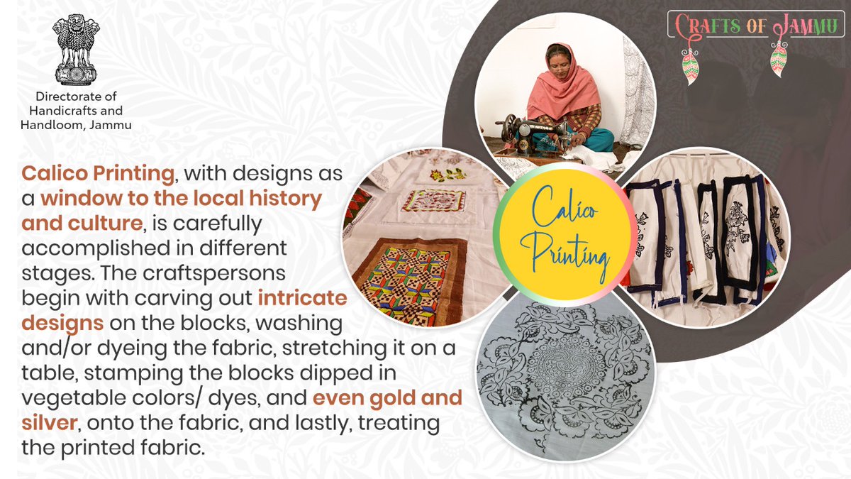 dhhjammu's tweet image. #CalicoPrinting is carefully accomplished in these stages - Craftspersons carve designs on the blocks, wash/dye the fabric, stretch it on a table, stamp the blocks dipped in vegetable colors, even gold &amp;amp; silver onto the fabric, &amp;amp; lastly, treat the printed fabric.

#CraftsOfJammu