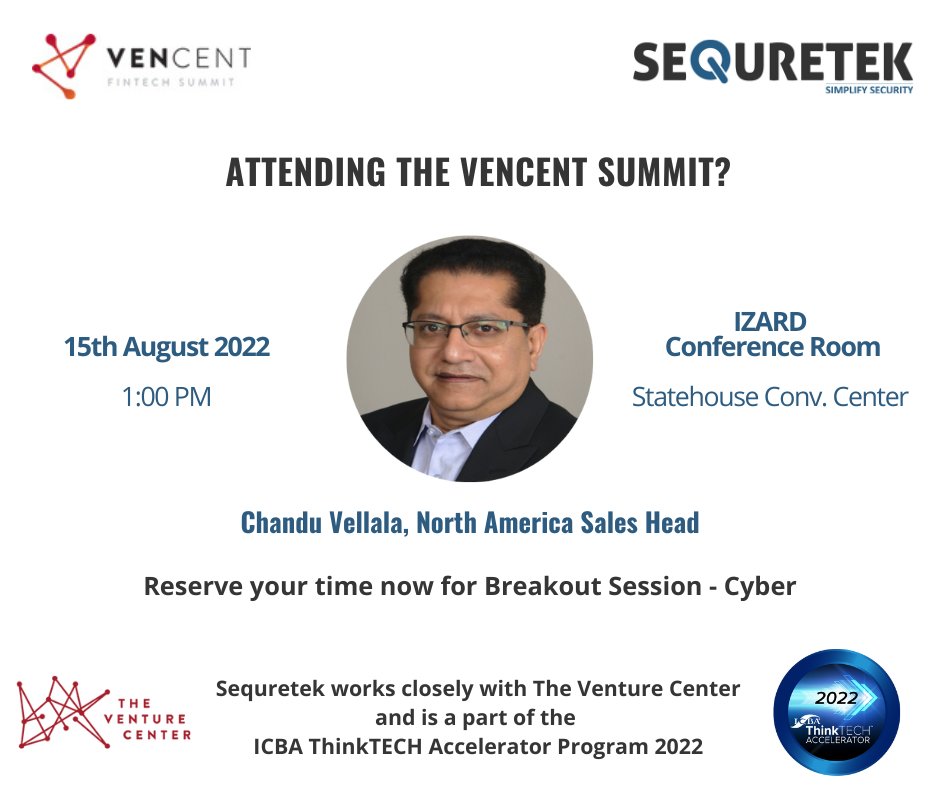 sequretek_sqtk's tweet photo. Attending the #VenCent2022 at #LittleRock? 

We will be speaking around strengthening #enterprisesecurity for #banking community while simplifying #cybersecurity 

@VentureCenter @ICBA @ArkansasEDC @lrchamber 

#VenCent  #compliance #Arkansas #FinTech #Banking #conference https://t.co/Dyn8CmDt2g