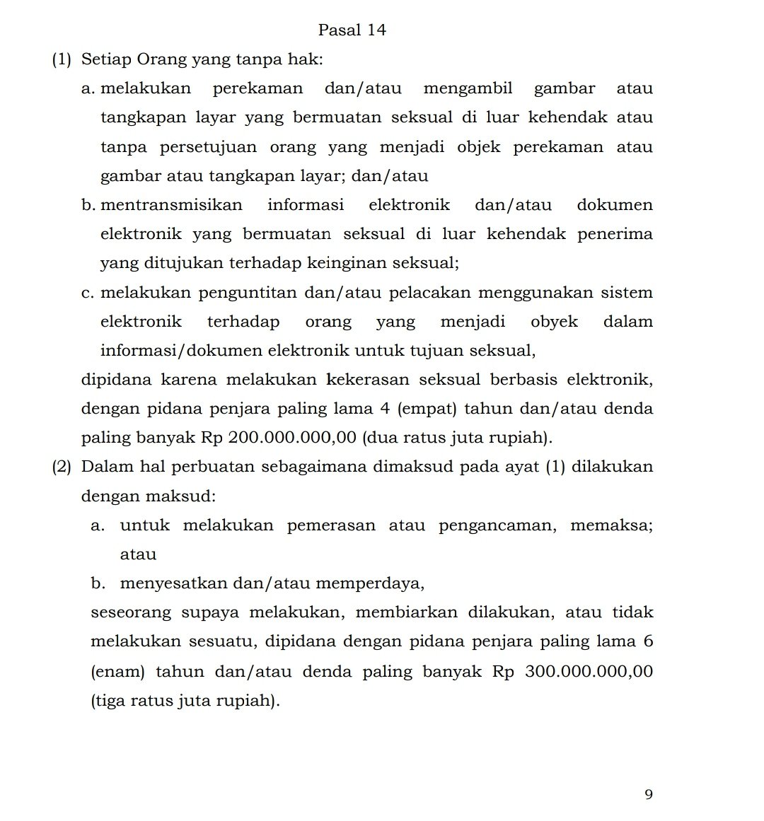 temporaryppl_'s tweet photo. @jerangkah Bisa dilapor Mas pakai UU TPKS tentang KSBE (Kekerasan Seksual Berbasis Elektronik) ada di Pasal 14 ayat (1). Bukti udah ada, dan ini juga delik aduan, jadi istri bisa melapor sebagai korban. https://t.co/X8etHBCs2k