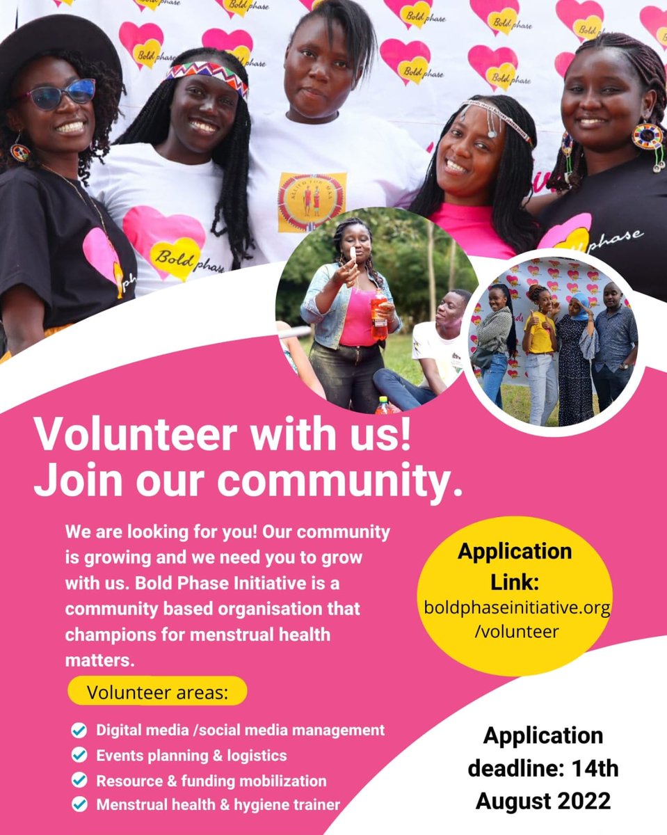 theboldphase's tweet photo. Join our growing community and volunteer your skills with us. Together we can have a period positive community! Share widely. Application closes on 14th August 2022.
Application link: https://t.co/sFz5ait3gW
#theboldphase
#towardsaperiodpositivecommunity https://t.co/C9xiSsak7t
