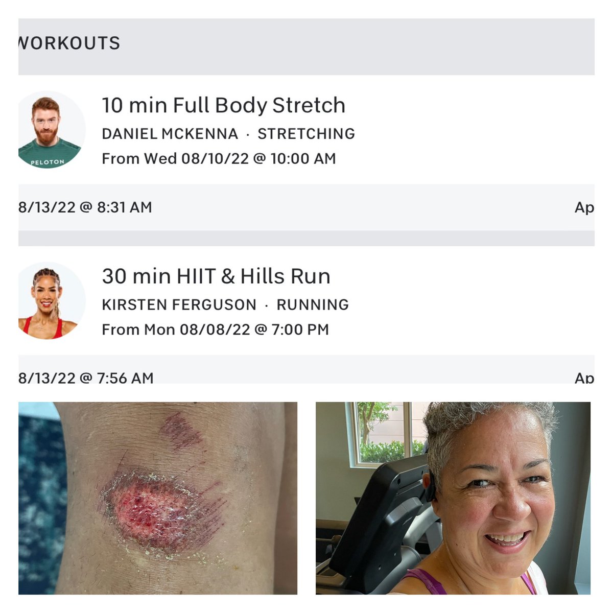 donnamaria's tweet photo. This morning’s workout #workingmomsofpeloton. I fell down and scraped up my knee pretty badly the other day. #undererred. Not missing my workout though. #lifestyleceo #peloton https://t.co/ntrxTto2qG