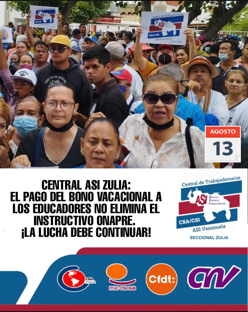 CentralASIZulia's tweet photo. #13AG || #ASIZuliaNoticias. Las tablas salariales de la administración pública impuestas por el instructivo ONAPRE, siguen vigentes a pesar del pago del bono vacacional al sector educación y universitario. ¡La lucha es por la eliminación de este instrumento y el memorándum 2792! https://t.co/JhnV0LtrZT
