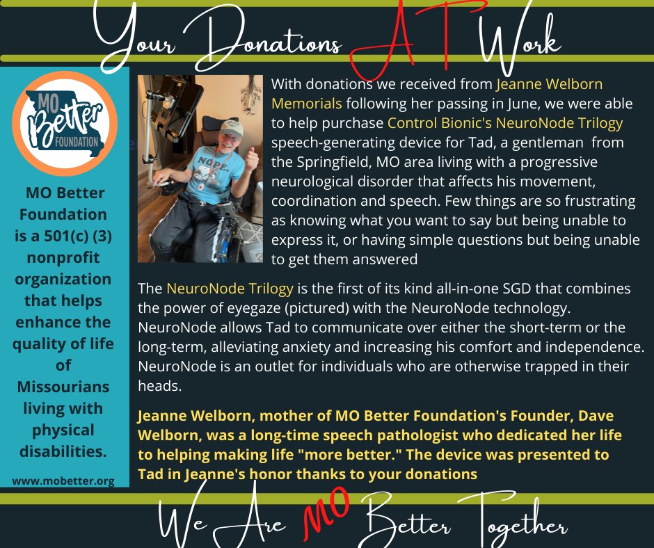 For more information, or to make a donation in Jeanne to help purchase more speech generating devices or similar assistive technology, visit JeanneWWelborn.givesmart.com