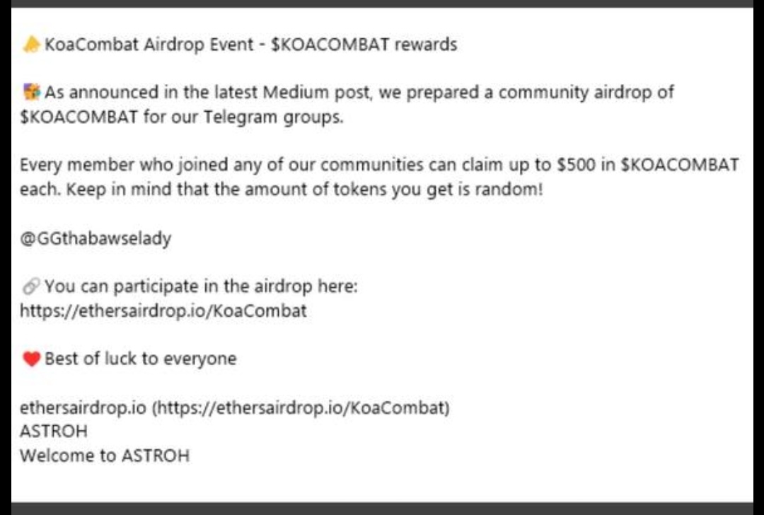 cmor8889's tweet photo. Please be aware. There are no airdrops in TG for every member that joins @KoaCombat that can be claimed. This is a scam being done on a fake KoaCombat TG. Don't fall victim. Always get the correct information directly from the project. Protect yourself and your investments. https://t.co/tdEEuuFhXs