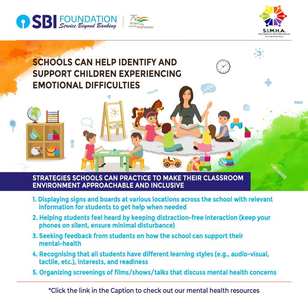 SBI_FOUNDATION's tweet photo. Schools can help identify and support children who are experiencing emotional difficulties. The following approaches can help in incorporating the same. 

Check out our mental health resources here👉 

https://t.co/iCHWD1zWCS

#AzadiKaAmrutMahotsav #AzadiKaAmrutMahotsavWithSBI https://t.co/lv4piBx8vS