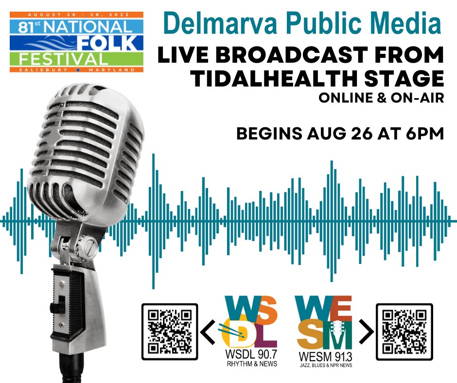 mdfolkfestival's tweet photo. Can't be here in person? No worries. You can tune-in online or on-air as Delmarva Public Media broadcasts live from the TidalHealth Stage August 28-28. #NFFMaryland @WSCL_WSDL @MyTidalHealth https://t.co/VvGBlrVq7N