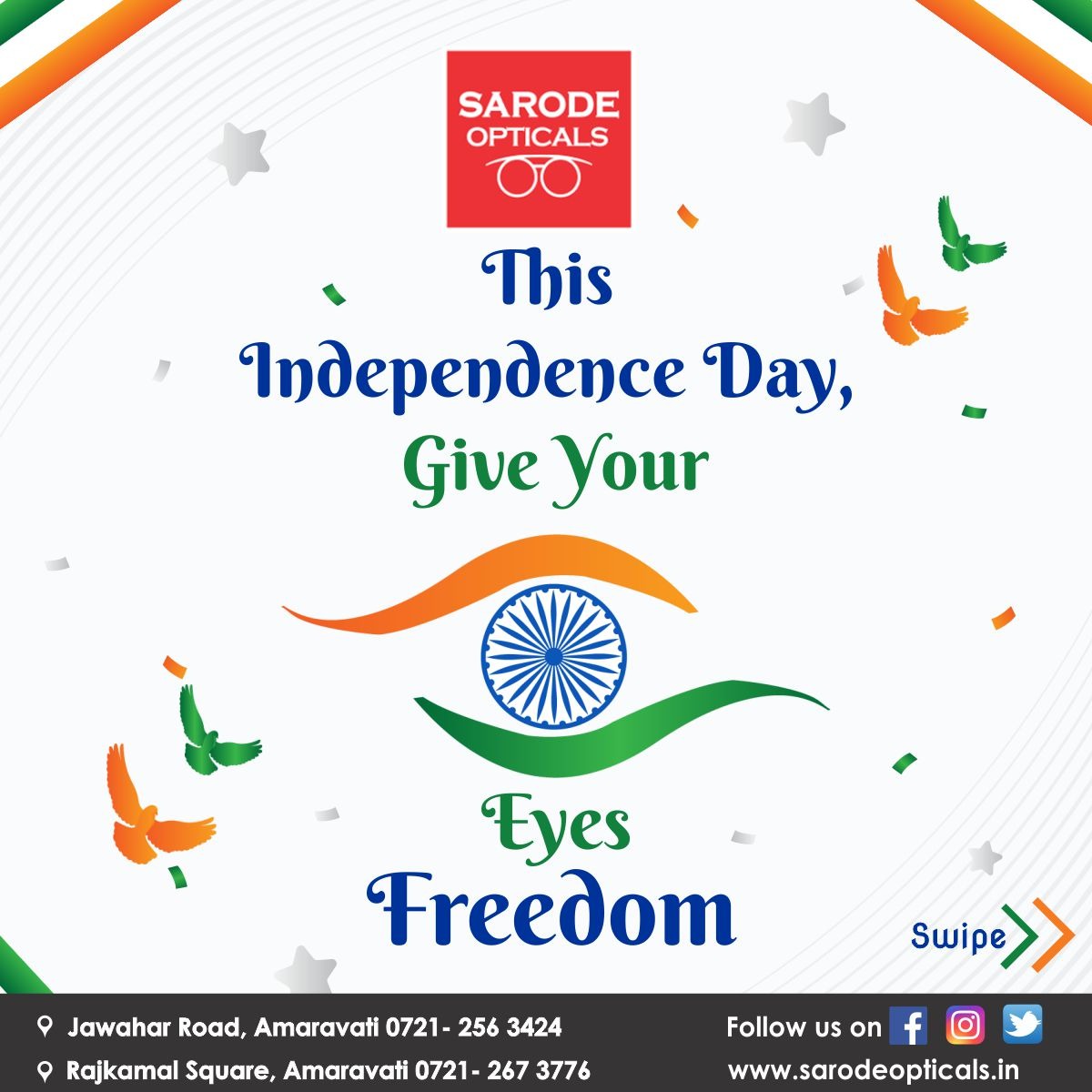 sarodeopticals's tweet photo. This Independence Day, give your eyes some freedom from the untrustworthy old specs that interrupt and cause visual troubles. Sarode Opticals offers the most excellent choices of spectacles, frames, contact lenses, and other accessories.
#sarodeopticals #optician #IndependenceDay https://t.co/MaRpdpEoyE
