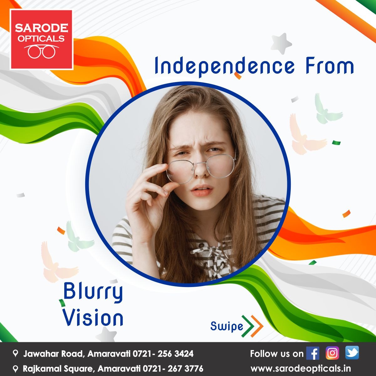 sarodeopticals's tweet photo. This Independence Day, give your eyes some freedom from the untrustworthy old specs that interrupt and cause visual troubles. Sarode Opticals offers the most excellent choices of spectacles, frames, contact lenses, and other accessories.
#sarodeopticals #optician #IndependenceDay https://t.co/MaRpdpEoyE