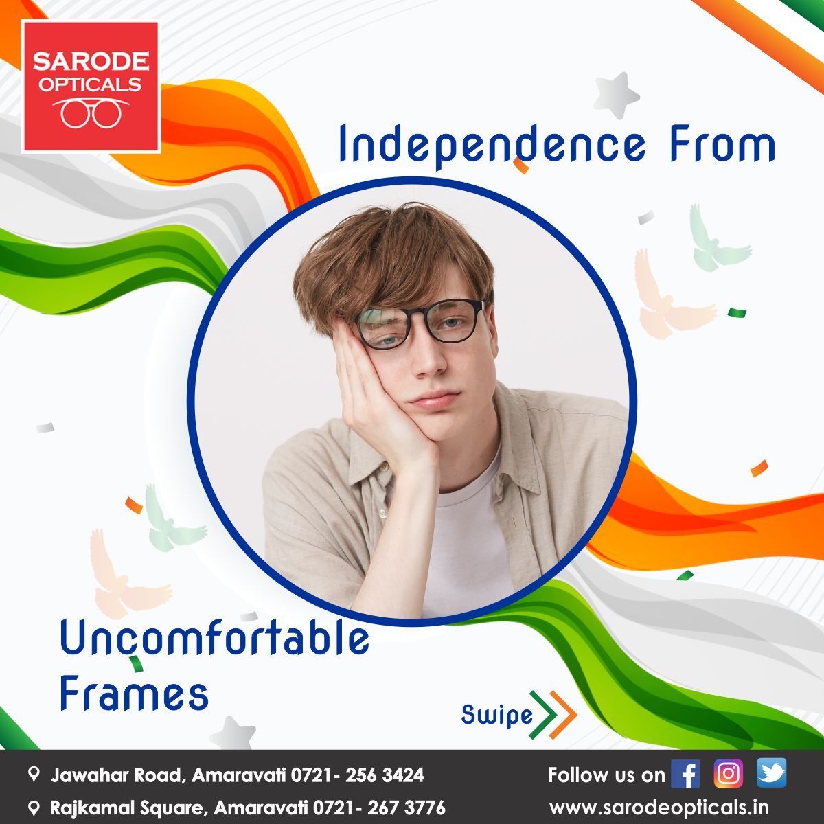 sarodeopticals's tweet photo. This Independence Day, give your eyes some freedom from the untrustworthy old specs that interrupt and cause visual troubles. Sarode Opticals offers the most excellent choices of spectacles, frames, contact lenses, and other accessories.
#sarodeopticals #optician #IndependenceDay https://t.co/MaRpdpEoyE