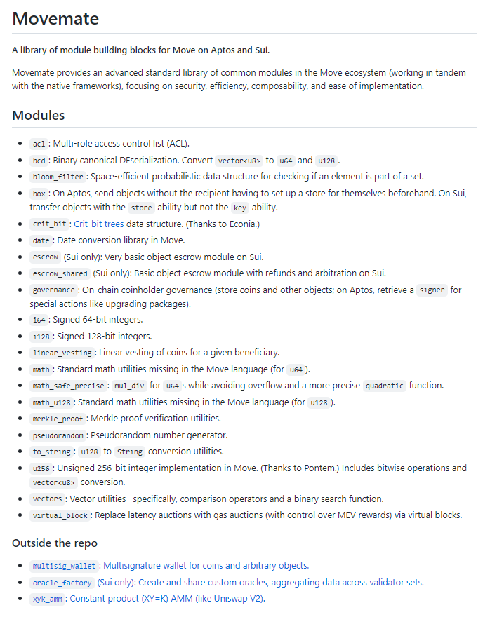 davidslucid's tweet photo. Just finished the latest version of Movemate--we're up to 24 libraries now! Added signed integers, access control, u256s, a pseudorandom generator, date utils, bloom filters, quadratic vesting, string conversion, binary deserialization, and more. What's next? https://t.co/pHDHQKpiUg