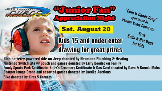 The Plymouth Dirt Track (@plymouth_dirt) on Twitter photo Unfortunately, tonight's <a href="/plymouth_dirt/">The Plymouth Dirt Track</a> races have been cancelled due to rain.
Junior Fan Appreciation Night is rescheduled to next Saturday, Aug. 20. Unfortunately, tonight's <a href="/plymouth_dirt/">The Plymouth Dirt Track</a> races have been cancelled due to rain.
Junior Fan Appreciation Night is rescheduled to next Saturday, Aug. 20.