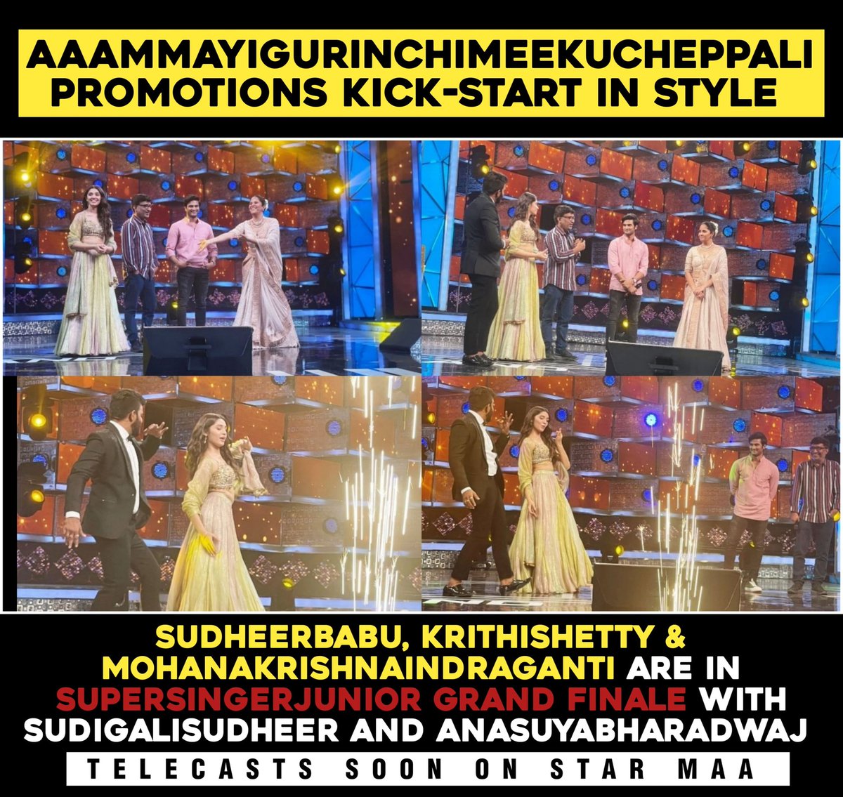 #AaAmmayiGurinchiMeekuCheppali
Promotions Started  😍✨

#SudheerBabu, #KrithiShetty & #MohanaKrishnaIndraganti are in #SuperSingerJunior Grand Finale 
Telecast Soon on @StarMaa 
#AAGMConSep16th 
@isudheerbabu @IamKrithiShetty