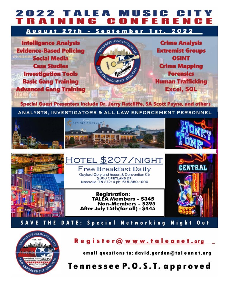 TALEanalysts's tweet photo. Come see us in Nashville y'all!  
Register at https://t.co/WpvQjeYbIs
#analysis #intelligence #investigations #training #nashville #LawEnforcement #OSINT #forensics #humantrafficking #gangs #extremism #leadership https://t.co/w8Z65Gh4xz