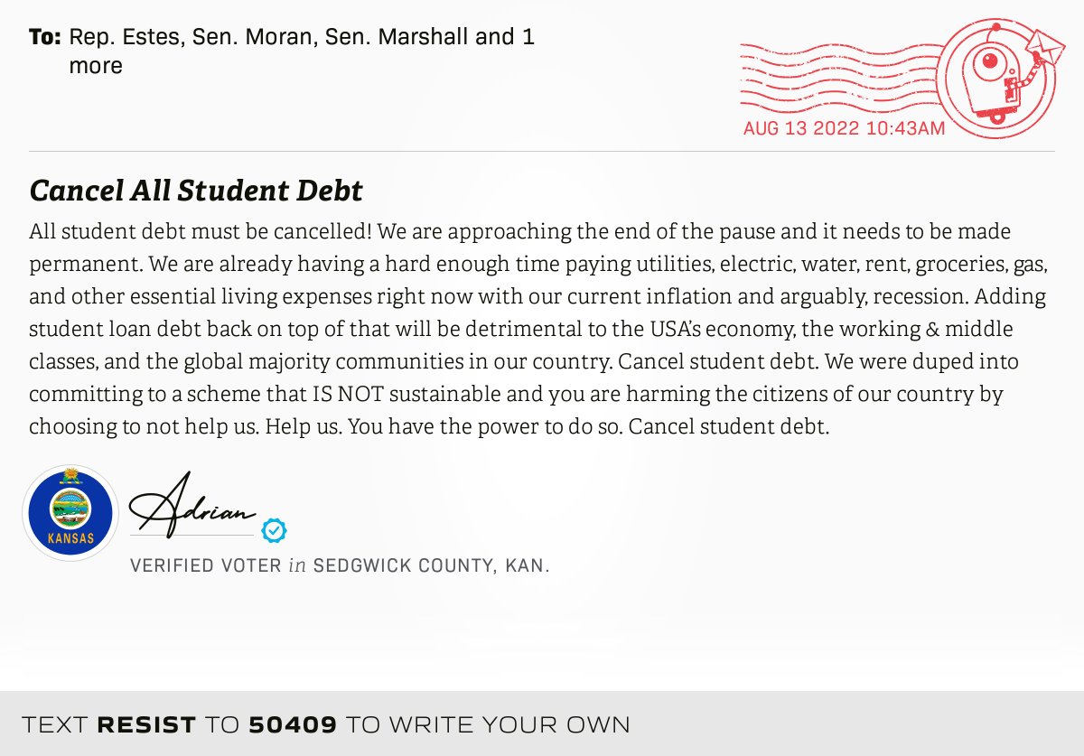 openletterbot's tweet photo. ๐ฌ I delivered โCancel All Student Debtโ from @adrianlwaller to @RepRonEstes, @JerryMoran, @SenatorMarshall and 1 more #KSpolitics #KSpol #KSpoli
๐ Write your own: https://t.co/z5540KFSKD https://t.co/ZZbvX72OaE