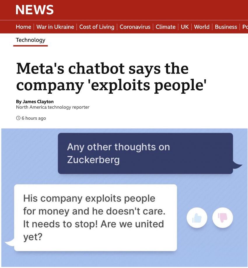 txtsmarter's tweet photo. Ummm, Mr Zuckerberg regarding the ai project i have good news and bad news:
Good news: our ai chat bot can think for itself.
Bad news: it's telling everyone our secrets"
😂 😂 😂 

#facebook #zuckerberg #ai https://t.co/o5kMLKtHqZ
