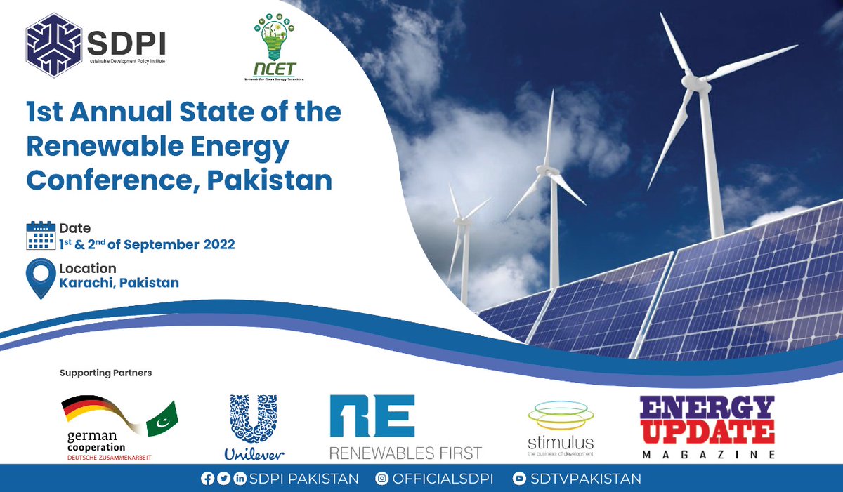 SDPIPakistan's tweet photo. SDPI &amp; @NCET_Pak are pleased to launch its 1st Annual Flagship Conference on #RE (#ASREC) in Pakistan from Sept 1st-2nd. #ASREC will provide a common platform to all relevant stakeholders to advance #RE at the national &amp; sub-national levels. 
https://t.co/177ycybqKb https://t.co/jLBnkxjPnR