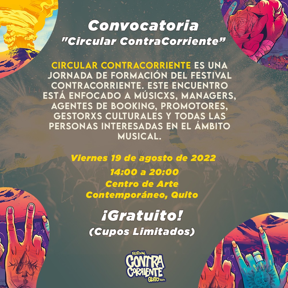 ContraCQuito's tweet photo. Gran evento el 19 de agosto en QUITO
'Circular ContraCorriente' con la presencia de grandes profesionales de la industria musical y representantes de @ACNUREcuador en su incansable trabajo #ConLosRefugiados

Inscripciones e info completa 
en este Link ⬇️⬇️
https://t.co/ZTzJBrw4Jc https://t.co/S1CBk3D3W6
