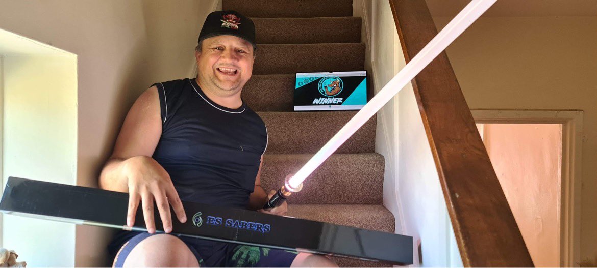 BullpenComps's tweet photo. Another happy winner! Chris won this custom saber from ES Sabers and I have to say I’m quite jealous! Would of loved this myself! 

Congratulations buddy! May the force be with you!

#starwars #winner #raffle #maytheforcebewithyou https://t.co/grEMyKe1Jo