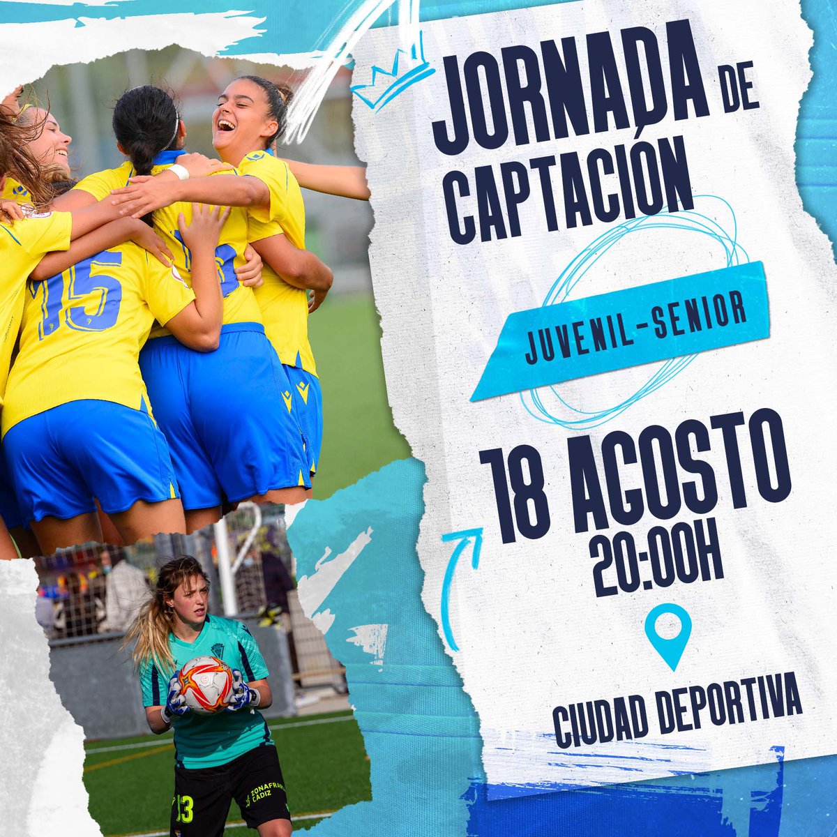 Cadiz_CFFem's tweet photo. 🚨 ¡ATENCIÓN CADISTAS!

⚽️ El Cádiz CF Femenino organiza una jornada de captación para jugadoras juveniles y senior

👉 Tendrá lugar el próximo jueves 18 de agosto a las 20:00h en la Ciudad Deportiva

😉 ¡Ven a probar suerte y quizás puedas vestir los colores cadistas! https://t.co/KBomP7Z5hu