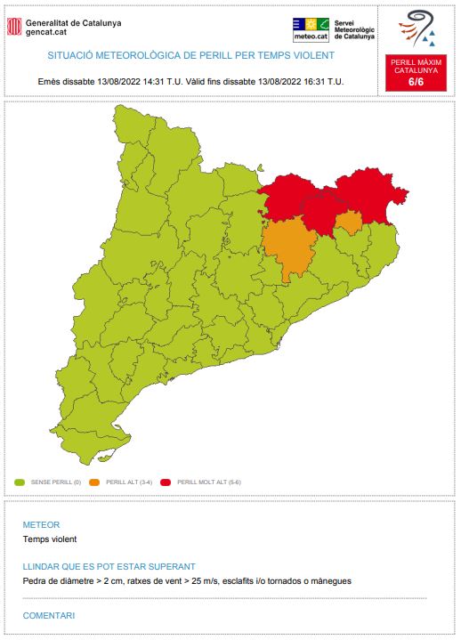 ⚠ El Servei Meteorològic de Catalunya emet un avís per temps violent (#avisosSMP) ⚠

➡ Ds. 14:31 h - 16:31 TU 

➡ Possibilitat de pedra de diàmetre &gt; 2 cm, ratxes de vent &gt; 25 m/s, esclafits i/o tornados.