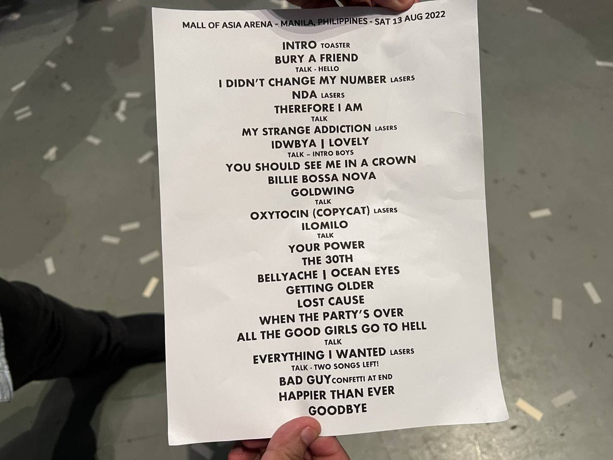 beilishth's tweet photo. Setlist มาแล้ว 🤍

#HappierThanEverTourBangkok #BillieEilishLiveInBangkok https://t.co/5Sx8OhqRDL
