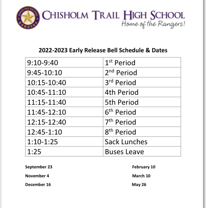 Updated bell schedule…see you Monday morning, Ranger Nation! #RangersRide #CTogether