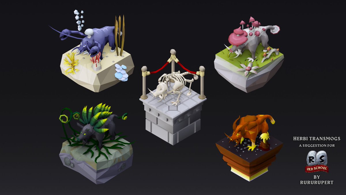 rururupert's tweet photo. Decided to render my Herbi transmogs in their natural habitats!🐗The fossil island environment designs are incredible🤗 https://t.co/yUqKDcBVFn