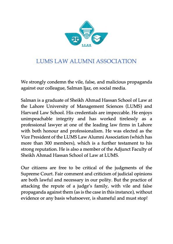 Brainmasalaar's tweet photo. A statement by the LUMS Law Alumni Association regarding the campaign against Salman Ijaz: https://t.co/4i204F1aBQ