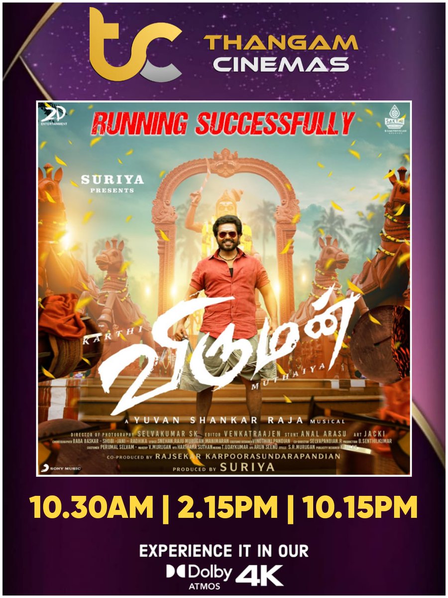 thangam_cinemas's tweet photo. One More Show Added For #Viruman
#3shows From Tomorrow 💛
Bookings Open... Rush To Grab Ur Tickets Soon 🔜 🔜 https://t.co/GvfaNiSfGV