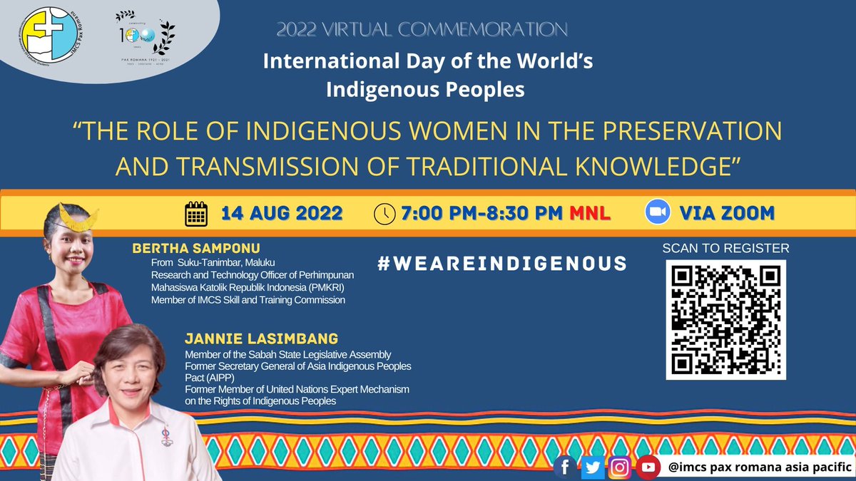 imcsprapc's tweet photo. 1 Day to go!
Join us in our webinar tomorrow, August 14, 2022, at 7:00 PM Manila time. And let’s listen to the voice of the two Women Leaders from two different generations!
Please Register in advance: https://t.co/CblPpwHt9P
#weareindigenous #IndigenousPeoplesMonth #IMCSAP https://t.co/68IJvhSO27