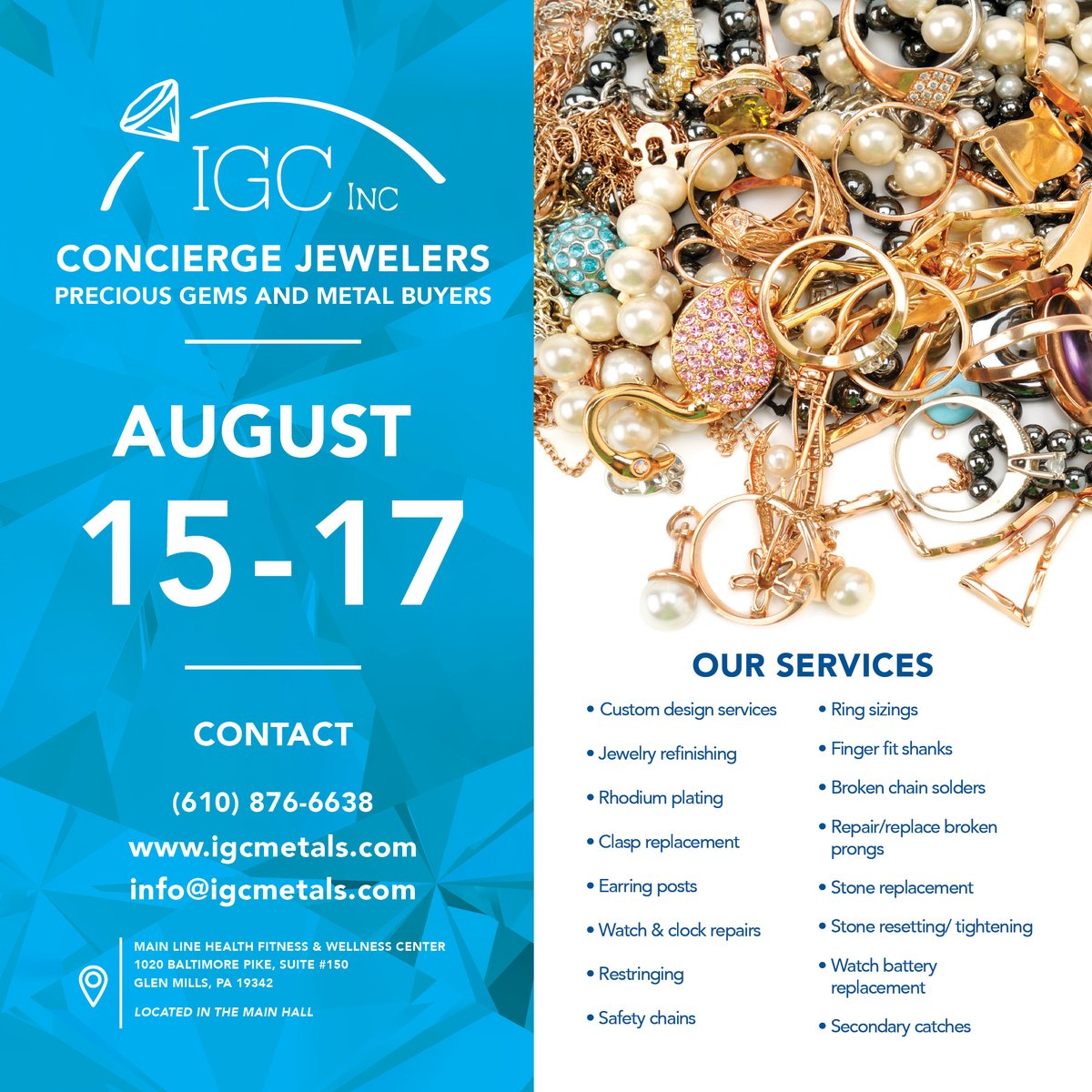 MLHFitandWell's tweet photo. IGC Inc. Concierge Jewelers will be visiting the Center!

They will be on-site for all your jewelry needs from Monday, August 15th through Wednesday, August 17th! https://t.co/KP6XxxUsXI