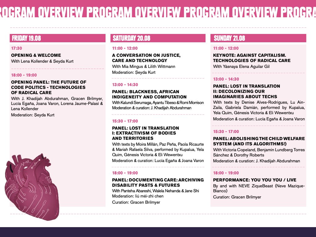 Th3Futur30fC0d3's tweet photo. PROGRAM OVERVIEW
THE FUTURE OF CODE POLITICS - Technologies of Radical Care 19-21 of August 2022
Live @Kampnagel  // free tickets &amp; stream https://t.co/hI3zykWQWc #decolonial #carework #resistance #disabilityJustice #transformativeJustice #radicalCare #abolition #AI !B https://t.co/5VzJOxfqjn