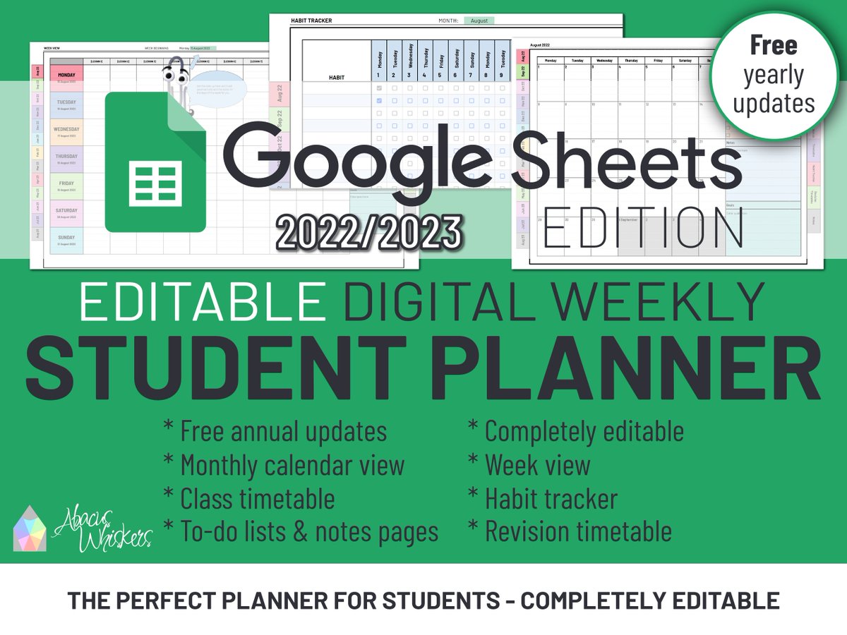 AbacusWhiskers's tweet photo. We had some requests for a #student version of our popular Google Sheets Teacher Planner and we've listened! The perfect student companion for the new academic year. With Google Sheets it can be with you everywhere you go! https://t.co/kpC93YZsaZ #studentplanner #digitalplanner https://t.co/VawlezKyh7