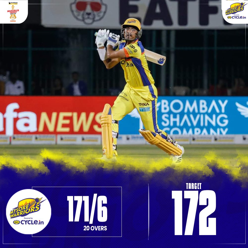 mysore_warriors's tweet photo. Pavan Deshpande's brilliant innings of 54 along with some valiant efforts from Shubhang, Shreyas & Nihal in support means the Warriors have registered a fighting 171/6 on the board.
@maharaja_t20
#MysoreWarriors #GoWarriors #Cricket #IlliGeddavareRaja #MWvBB https://t.co/c1UnYBDesE
