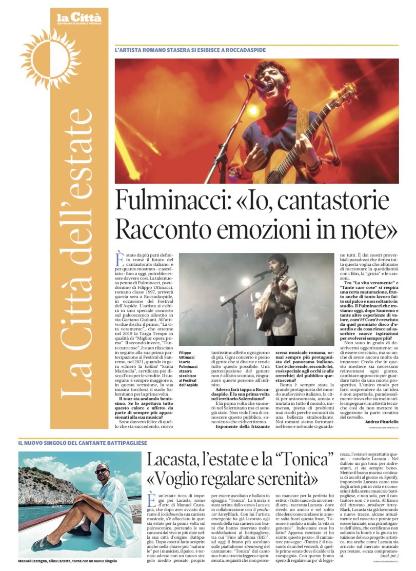 and_picariello's tweet photo. Su @LaCittaSalerno di oggi c’è una mia piccola intervista a Fulminacci (stasera in concerto a Roccadaspide) e un pezzo scritto sul nuovo singolo di @_Lacasta, “Tonica”. Molto contento. https://t.co/JXPdEhuenZ
