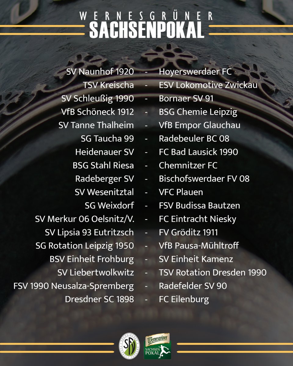 sfv_online's tweet photo. 🏆 Die Auslosung der 2. Runde im @WernesgruenerDE #Sachsenpokal hat folgende Partien ergeben:
(Runde 3 mit den Platzhaltern findet ihr auf unserer Website) https://t.co/BFc1R7XEOe