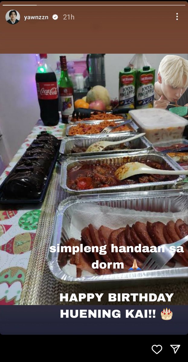 sybth019's tweet photo. user yawnzzn, instagram story || 220814

— simpleng handaan sa dorm 🙏
— HAPPY BIRTHDAY HUENING KAI!! 🎂 https://t.co/bJ4b7HDvle