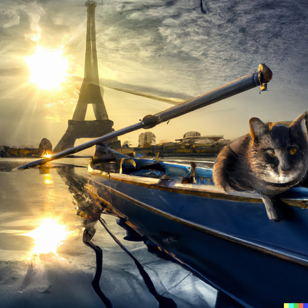 A photo of the cat in the boat on big lake cover with
sunlight with reflection on water in front of eiffel tower

#picoftheday📷 #picofthedays #picoftheday #aiart #AI
#openai #dalle #cat