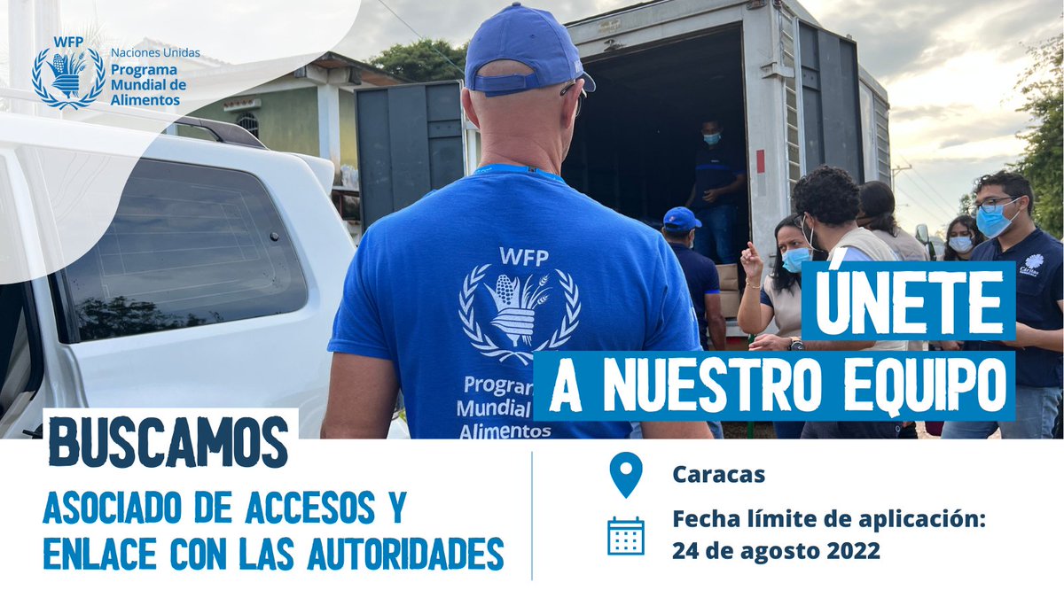 WFP_Venezuela's tweet photo. #OfertaLaboral | Para nuestra oficina de #Caracas requerimos una persona para el cargo de Asociado de Accesos y Enlace con Autoridades.

Las personas interesadas podrán conocer más detalles de esta convocatoria y postularse hasta el día 24 de agosto aquí 🔗https://t.co/Tn5xZotLZh https://t.co/nO2OUV3FfY
